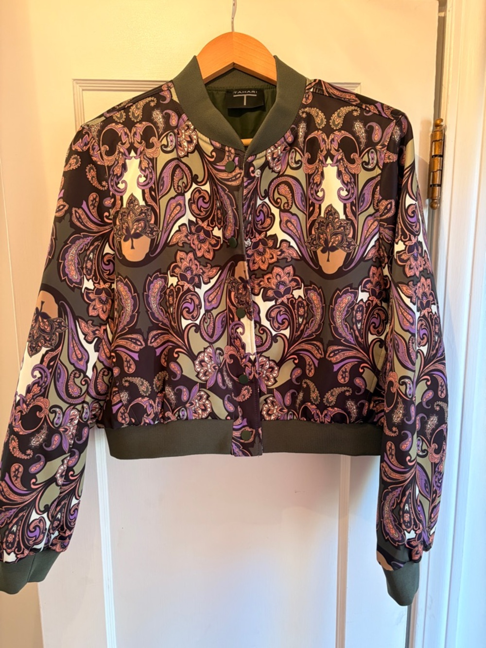 T Tahari Olive Green Bomber Jacket with Purple Paisley Print